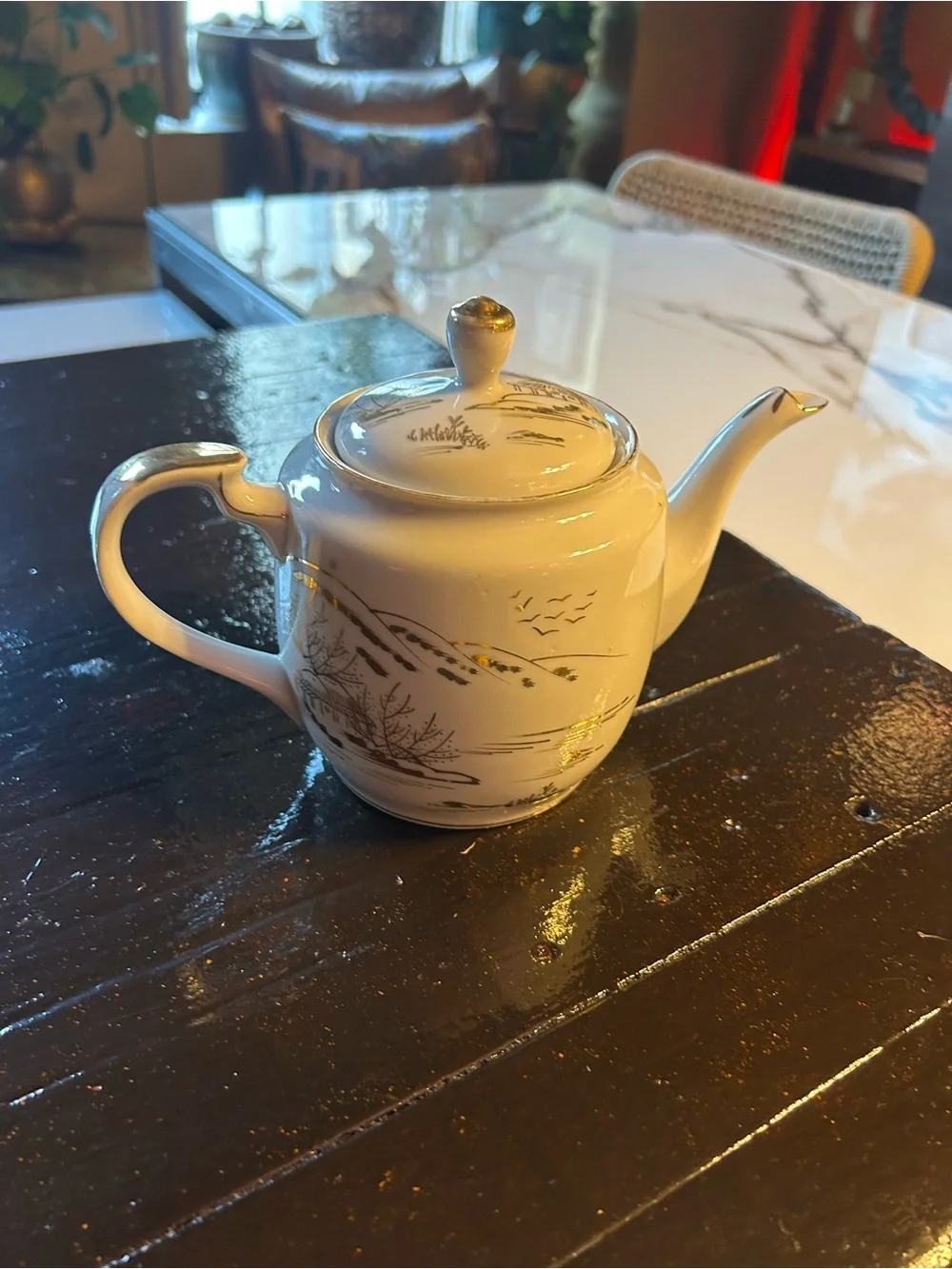 White Porcelain Teapot with Gold Scenic Accents